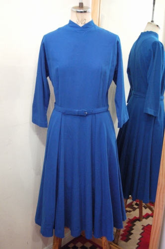 50'S～ WOOL SOLID COLOR FLARE DRESS WITH BELT(R.BLE)