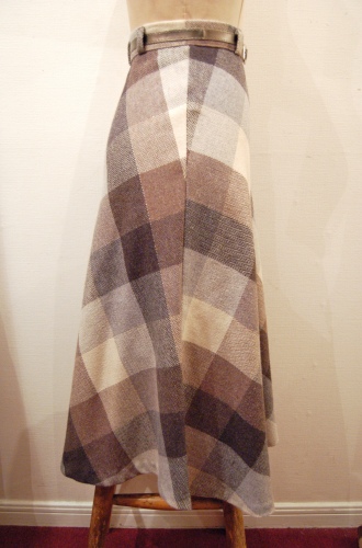 70'S～ BLOCK CHECK WOOL LONG FLARE SKIRT WITH BELT (BRN/GRY/O.WHT)