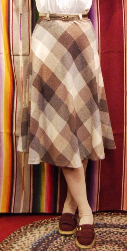 70'S～ BLOCK CHECK WOOL LONG FLARE SKIRT WITH BELT (BRN/GRY/O.WHT)
