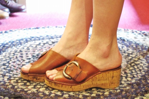 70'S～ PLATFORM CORK WEDGE BUCKLE LEATHER SANDAL SHOES(MADE IN ITALY/L.BRN)