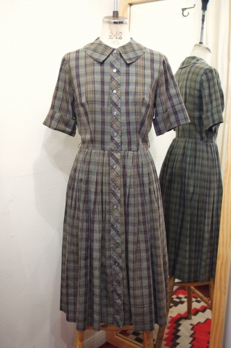 50'S～60'S CHECK FULL BUTTON COTTON DAY DRESS(S.GRN)