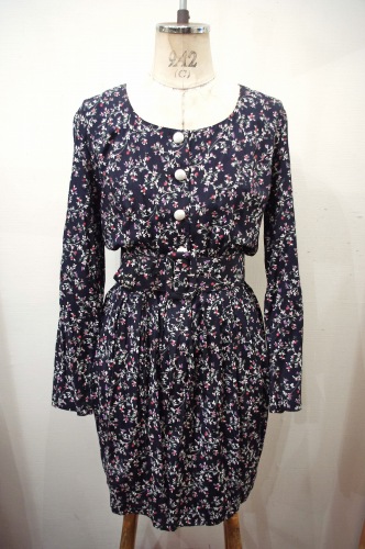 80'S～ FLOWER PRINT RAYON MINI TIGHT DRESS WITH BELT (BLK・MADE IN USA)