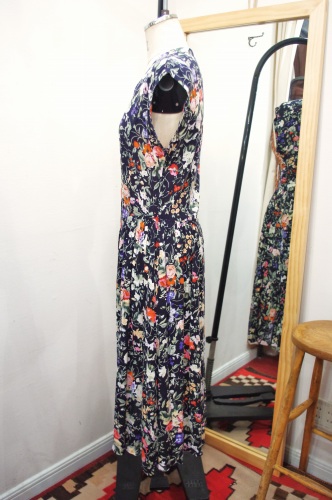 80'S～ INDIA RAYON FLORAL PRINT SLEVEELESS DRESS(BLK)