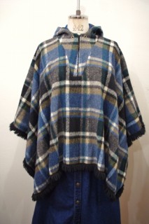 60'S～70'S CHECK HALF-ZIP HOODED WOOL PONCHO(BLK/D.BLE/WHT/OLV)