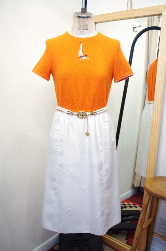 70'S～ YACHT EMBROIDERED DRESS WITH BELT(ORG/WHT)