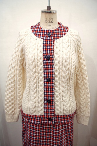 70's～ FISHERMAN CARDIGAN & HOUNDSTOOTH SKIRT 2 PIECE WITH BERET