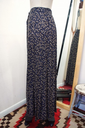 80'S～ FLOWER PRINT RAYON MAXI SKIRT(MADE IN USA ・ BLK/D.BLE/G.BEIGE)