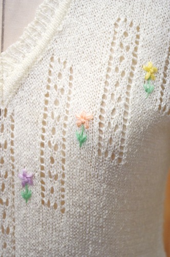 70'S～ FLOWER EMBROIDERED CROCHE KINT DRESS WITH BELT(IVY)