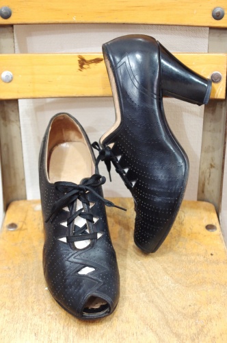 40'S～ PEEP TOE PUNCHING LEATHER CUT OUT LACE UP DRESS SHOES(BLK)