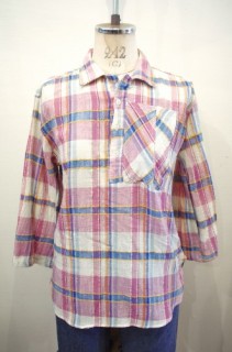 70'S～ COTTON GAUZE 3/4 SLEEVE CHECK PULL OVER SHIRTS(L.PPL/BLE/WHT/YLW)