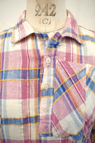 70'S～ COTTON GAUZE 3/4 SLEEVE CHECK PULL OVER SHIRTS(L.PPL/BLE/WHT/YLW)