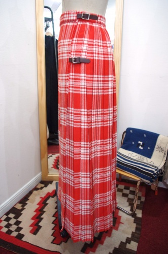 VINTAGE TARTAN CHECK BELTED MAXI PLEATS WRAP SKIRT(RED/WHT)