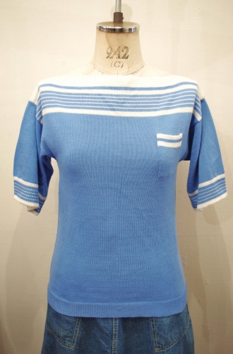 DEAD STOCK 70'S～ JCPenney BOAT NECK BOADER KNIT TOPS(S.BLE/WHT)