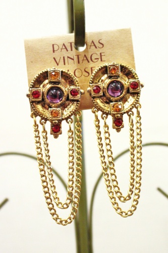 80'S～ COLOR STONE CHAIN CLIP EARRINGS (GLD/RED/ORG/PPL)