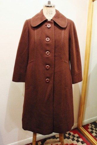 60'S～ ROUND COLLAR WOOL COAT WITH DETACHABLE FAUX FUR LINING (BRN)