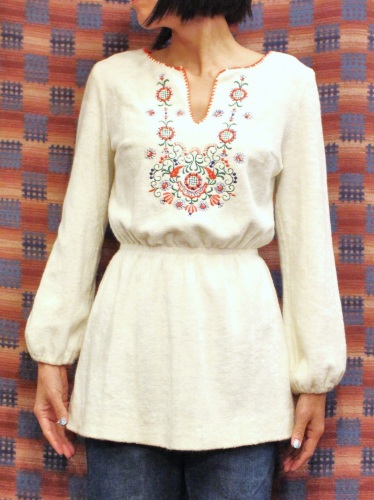 DEAD STOCK 70'S～ TERRY CLOTH FLOWER EMBROIDERED TUNIC TOPS (WHT/RED/GRN/PPL)