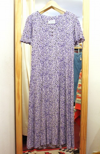 80'S～90'S E.D.MICHAELS FLOWER PRINTED RAYON DRESS (MADE IN USA・BLK/WHT/PPL)
