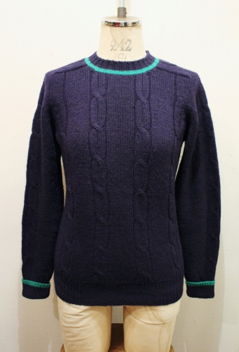  80'S～ SHETLAND WOOL CREW NECK CABLE SWEATER (NVY/K.GRN)