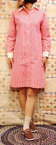 70'S～ STRIPE LONG SLEEVE SHIRT DRESS (WHT/PNK)