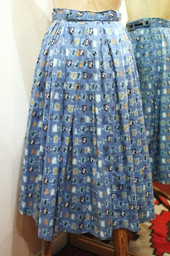 50'S～ PRINT COTTON PLEAT FLARE SKIRT WITH BELT (H.BLE/BLK/WHT/ORG/S.BLE)