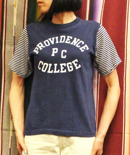  70'S～ CHAMPION BORDER SLEEVE PRINTED COLLEGE T-SHIRTS (NVY/WHT)