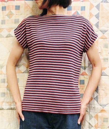 60'S~ FRENCH SLEEVE BOAT NECK BORDER kNIT TOPS (RED/BLK/GRN/WHT)