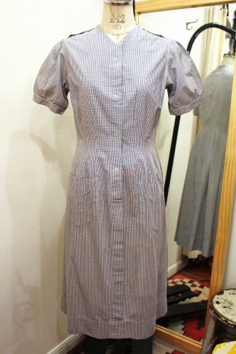 40'S～50'S PUFF SLEEVE CHECK COTTON UNIFORM DRESS (WHT/NVY)