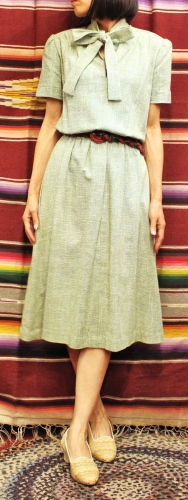70'S～ PUFF SHOULDER BOW TIE NEP DRESS (GRN/WHT)