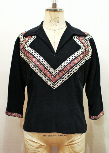 50'S～ MEXICAN SILVER METALLIC CORDUROY 3/4 SLEEVE TOPS (BLK/RED/SLV)
