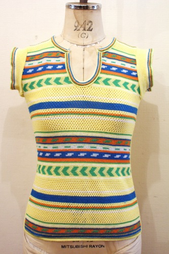 70'S～ FRENCH SLEEVE BORDER SUMMER KNIT TOPS (YLW/GRN/ORG/BLE)