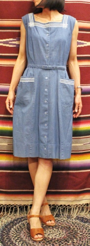 60S～ CHAMBRAY SQUARE NECK SLEEVELESS DRESS WITH BELT (H.BLE)