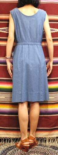 60S～ CHAMBRAY SQUARE NECK SLEEVELESS DRESS WITH BELT (H.BLE)