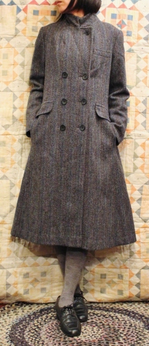 80'S～ HERRINGBONE TWEED DOUBLE BREST LONG COAT (MADE IN USA・BLK/GRY)